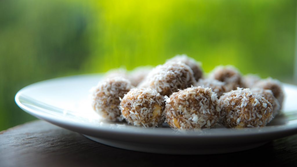 Five-ingredient vegan energising coconut & pineapple protein truffles