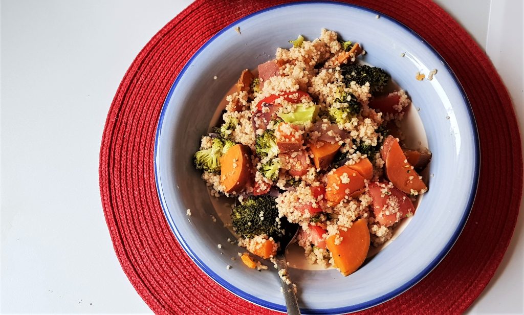 Five-ingredient sweet potato, tomato and broccoli cous cous